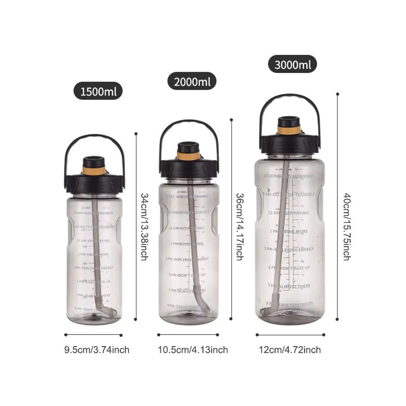 Lusqi Sport Trinkflasche aus Kunststoff mit Strohhalm und Zeitstempel, transparent/schwarz, 1,5 l bis 3 l - Bild 5