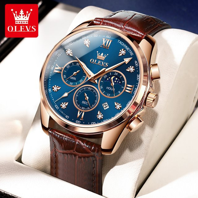 OLEVS Armbanduhr Chronograph, Quarz, Leder, Blau, Herren - Bild 1