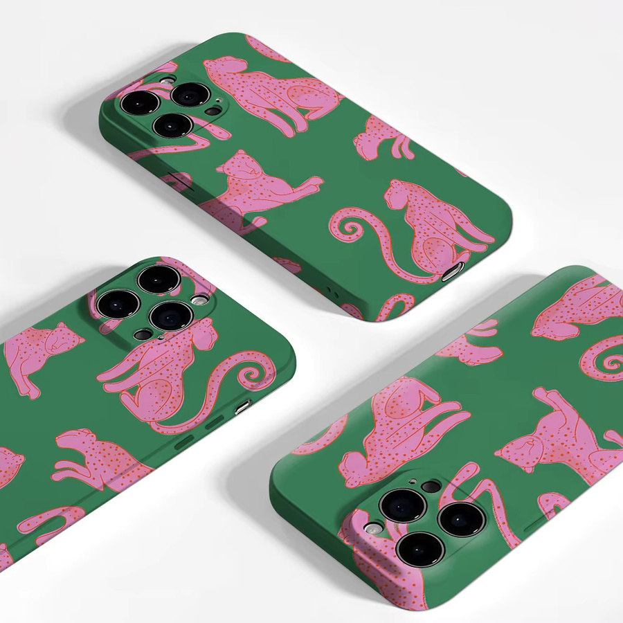 Potdemiel Handyhülle mit Rosa Leoparden-Muster und grünen Akzenten für iPhone 18/17/16/15/14/13/12 Pro Max Plus, Doppelschichtige Rückabdeckung - Bild 3