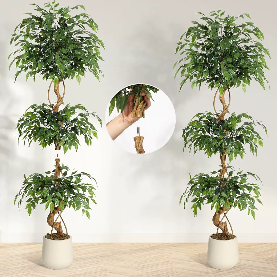 HiMISS Künstlicher Ficus-Baum mit gebogenen Stämmen und weißem Übertopf, Grün, Höhe: 120 cm - Bild 3