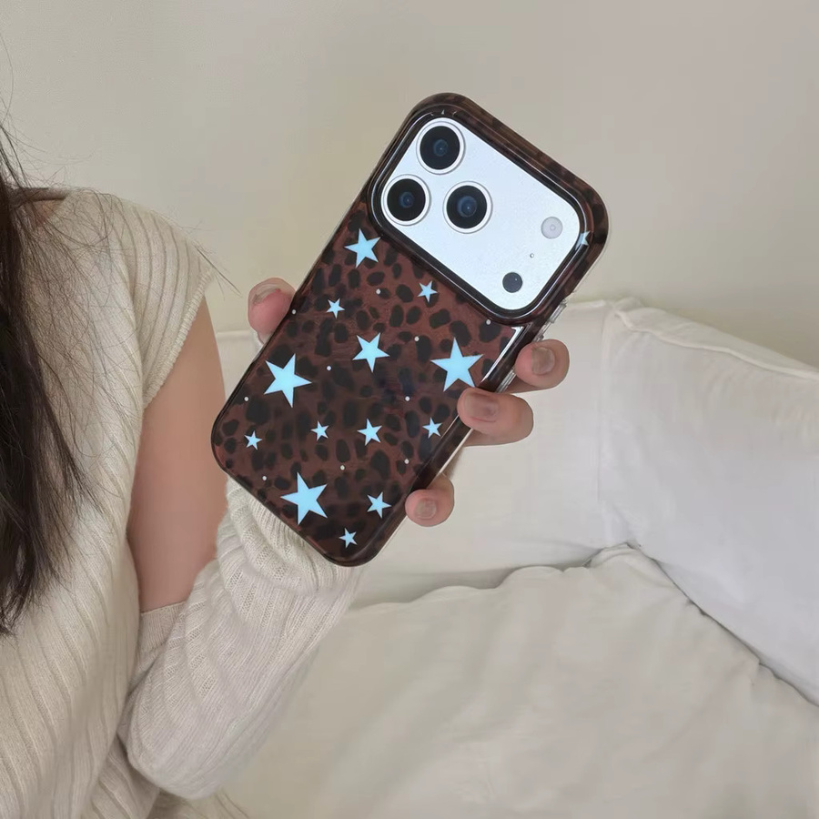 Stoßfeste Schutzhülle für iPhone 17, 16, 15 und 14 Pro Max mit Leopardenmuster in Braun und blauem Sternenmuster - Bild 2