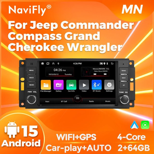 Navifly 7 Zoll Autoradio mit 64GB für Jeep Commander Compass Grand Cherokee Wrangler, kabelloses CarPlay, GPS und Bluetooth, Schwarz - Bild 1