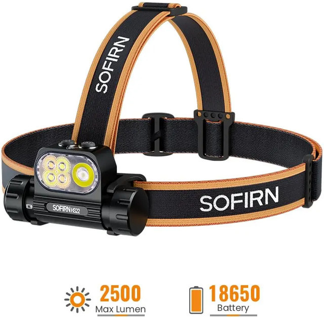 SOFIRN HS22 SFT25R LED Stirnlampe in Schwarz mit 2500 Lumen, stufenloser Farbtemperaturanpassung und wiederaufladbarem 18650 4000mAh Akku - Bild 1