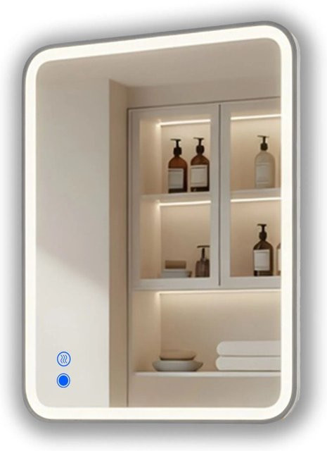 ARTFORMA LED Badspiegel Rechteckig mit Abgerundeten Ecken in Silber, B: 80 cm, H: 60 cm, mit Beleuchtung, Rahmen Gebürstetes Silber und Antibeschlag Touch IP44 - Bild 1