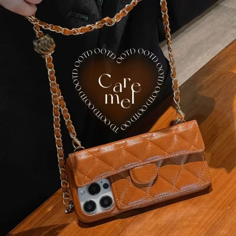 Handyhülle mit Lanyard-Kette und Kartenhalter für iPhone 15 14 13 Pro Max von szHAIyu in Beige mit Gittermuster und Lederbezug - Bild 3