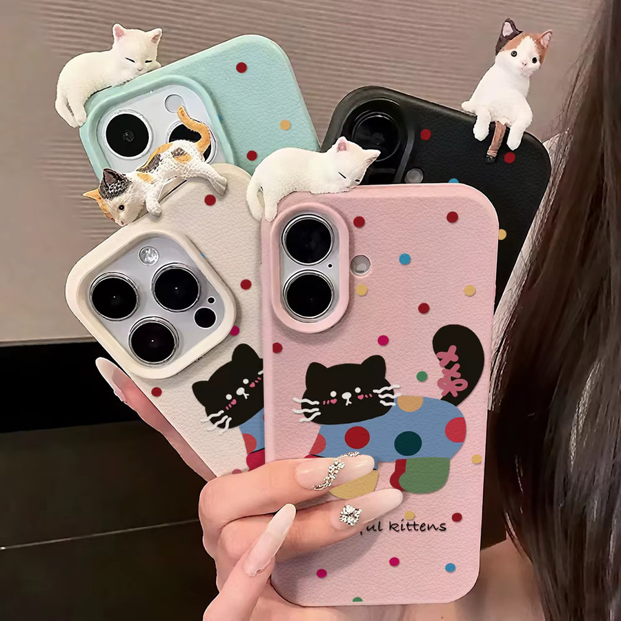 Stoßfeste iPhone Schutzhülle mit 3D-Katzen-Lychee-Muster in Multicolour - Bild 4