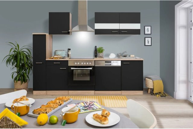 Respekta Küchenzeile KB250ESSC in Schwarz-Eiche Glänzend mit Einbaufunktion und Soft-Close-Türen, Breite: 250 cm, Tiefe: 60 cm, Höhe: 85 cm - Bild 1