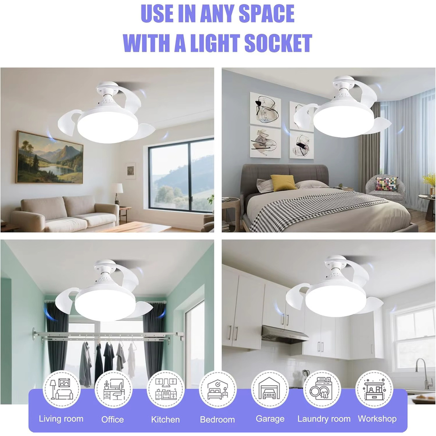 JOYINLED Deckenventilator mit LED-Beleuchtung und Fernbedienung, dimmbar, weiß, mit einziehbaren Flügeln und Glasabdeckung für Schlafzimmer - Bild 3