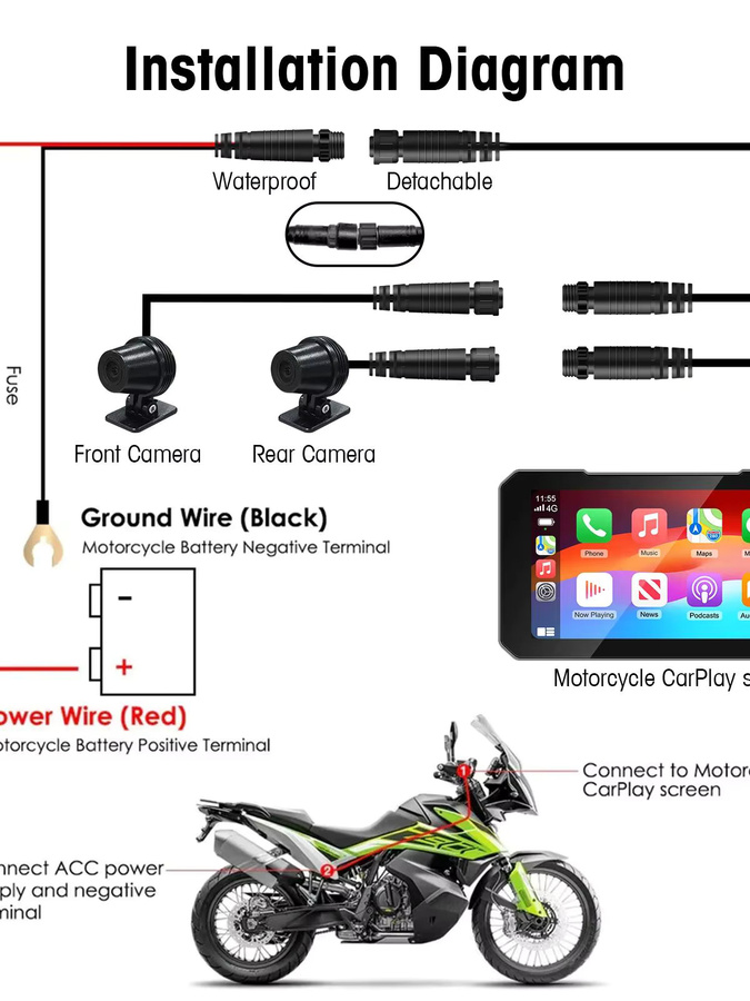Ezonetronics 5-Zoll Motorrad-Touchscreen in Schwarz mit kabellosem CarPlay und Android Auto, IP67 wasserdicht mit Dual-Kameraaufnahme und TPMS - Bild 7