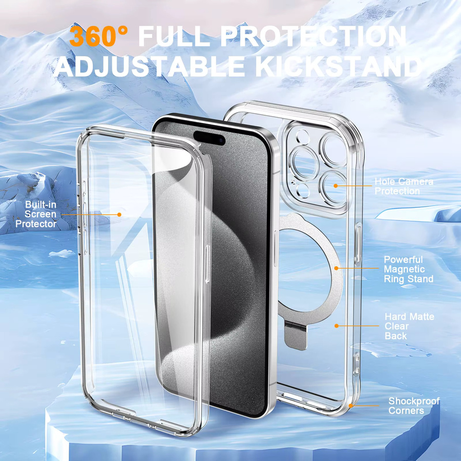 Transparente Schutzhülle für Apple iPhone 16 15 14 13 Pro Max und Plus mit integriertem PET-Displayschutz, Ringhalter und Ständer - Bild 2
