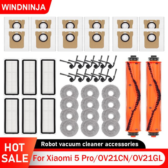 WINDNINJA Ersatzteil-Set für Xiaomi Mi Robot Vacuum S5 Pro mit Seitenbürsten, Mopp-Tüchern und HEPA-Filtern in Multicolour - Bild 1
