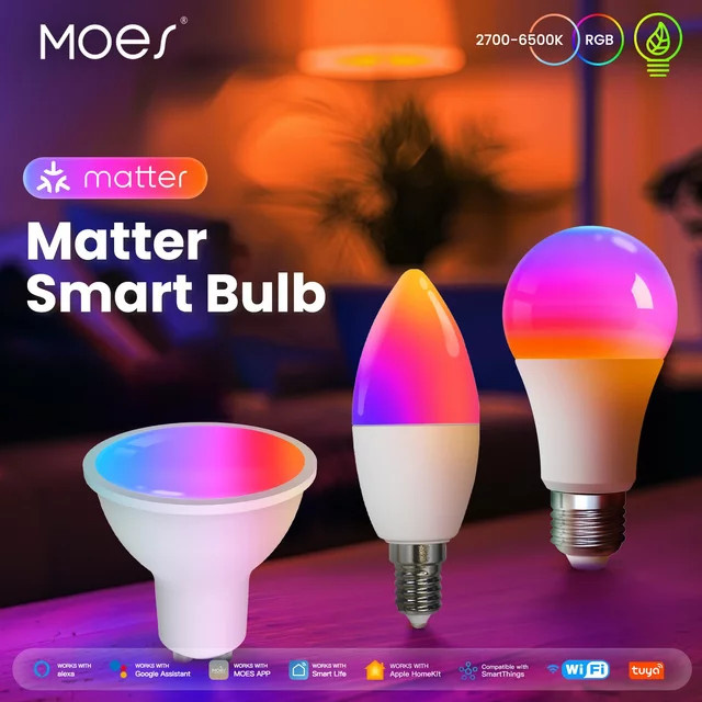 Tuya Matter WiFi Smart Bulb Dimmbare LED-Kerzenlampe mit 16 Millionen RGB-Farben, GU10 E27 E14, Sprachsteuerung für Alexa und Google Home - Bild 1