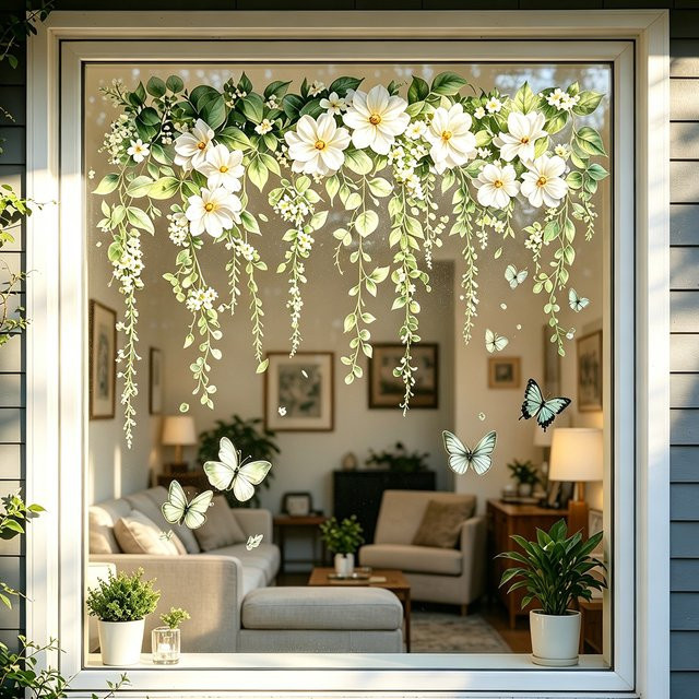 Kingsmile Mattierte Fensterfolie mit weißen Blumen und Schmetterlingen als abnehmbare Fensterdekoration - Bild 1