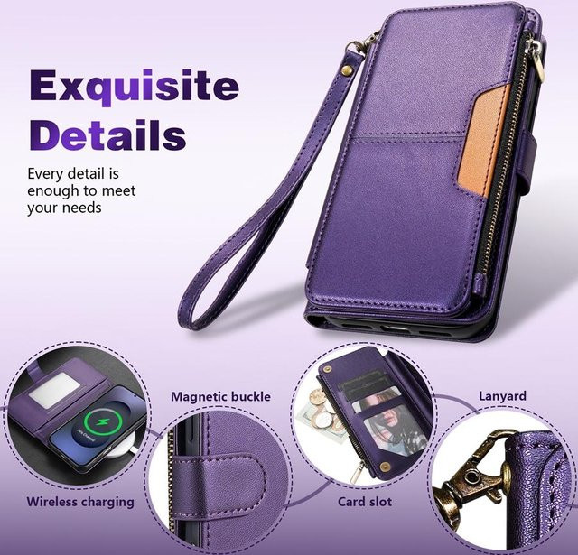 Magnetische Lederhülle mit Portemonnaie-Funktion und Reißverschluss für Samsung Galaxy S26 Ultra S25 FE S24 Plus S23 S22 S21 S20 in Purple - Bild 1