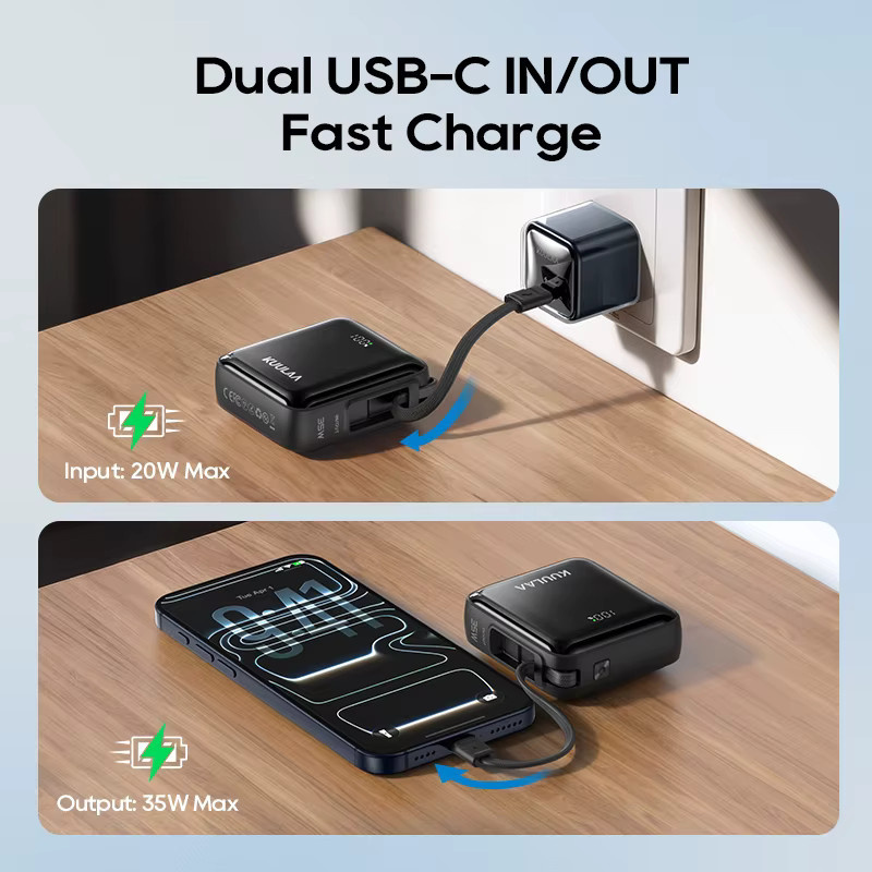 KUULAA Mini Powerbank 10000mAh mit integriertem USB-C-Kabel, 35W Schnellladegerät, Schwarz - Bild 5