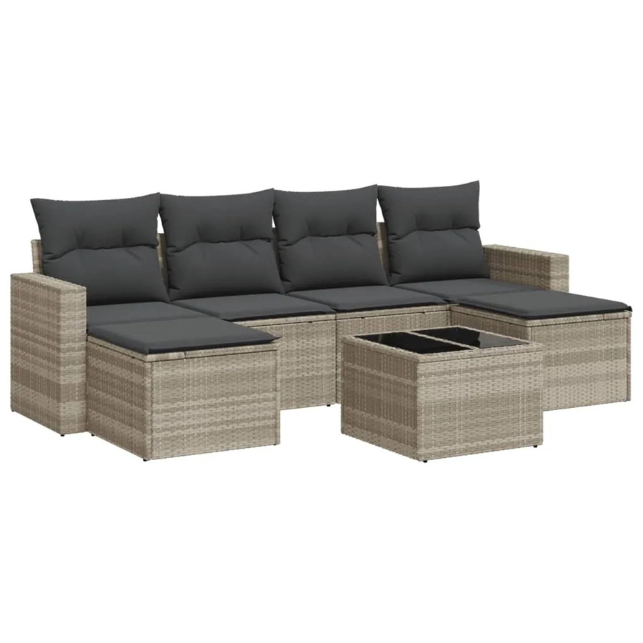 vidaXL 7-tlg Garten-Sofagarnitur L-Form aus Poly Rattan in Hellgrau mit UV-beständigen Kissen und pulverbeschichtetem Stahlgestell - Bild 2
