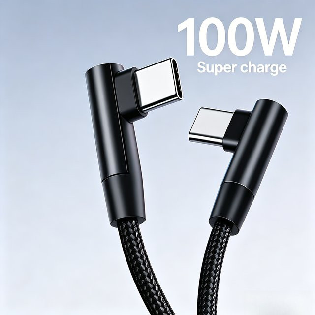 100W L-förmiges USB-C zu USB-C Schnellladekabel in Schwarz, geflochtenes 90 Grad gebogenes Typ-C-Kabel für Gaming-Handys und Laptops - Bild 1