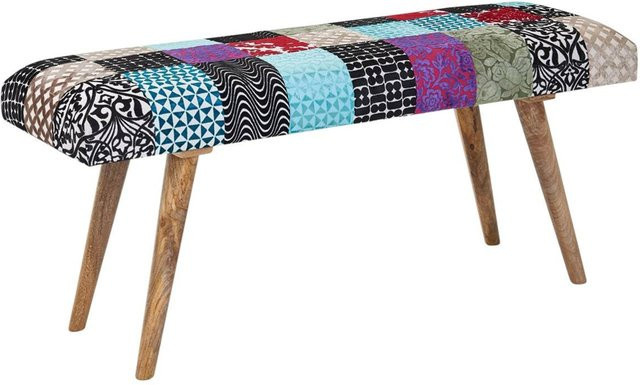 Wohnling Sitzbank Boho mit buntem Stoff und Echtholz aus Mango, B/H/T: 117 x 51 x 38 cm - Bild 1