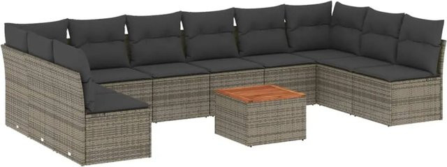 vidaXL 11-tlg Garten-Sofagarnitur in U-Form aus Polyrattan und Akazienholz mit Kissen in Grau - Bild 1