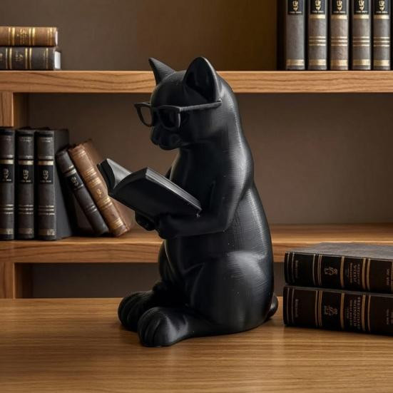 Niedrige 3D-gedruckte Lese-Katzenfigur von Full in Love House in Schwarz mit Brille als dekorative Katzenstatue für dein Bücherregal oder deinen Schreibtisch - Bild 2
