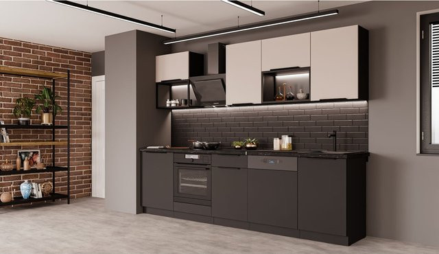 Küchenzeile SIENA + ARONA BASIC LOFT 280 in Kaschmir, moderne Einbauküche in Matt mit schwarzen Akzenten - Bild 1