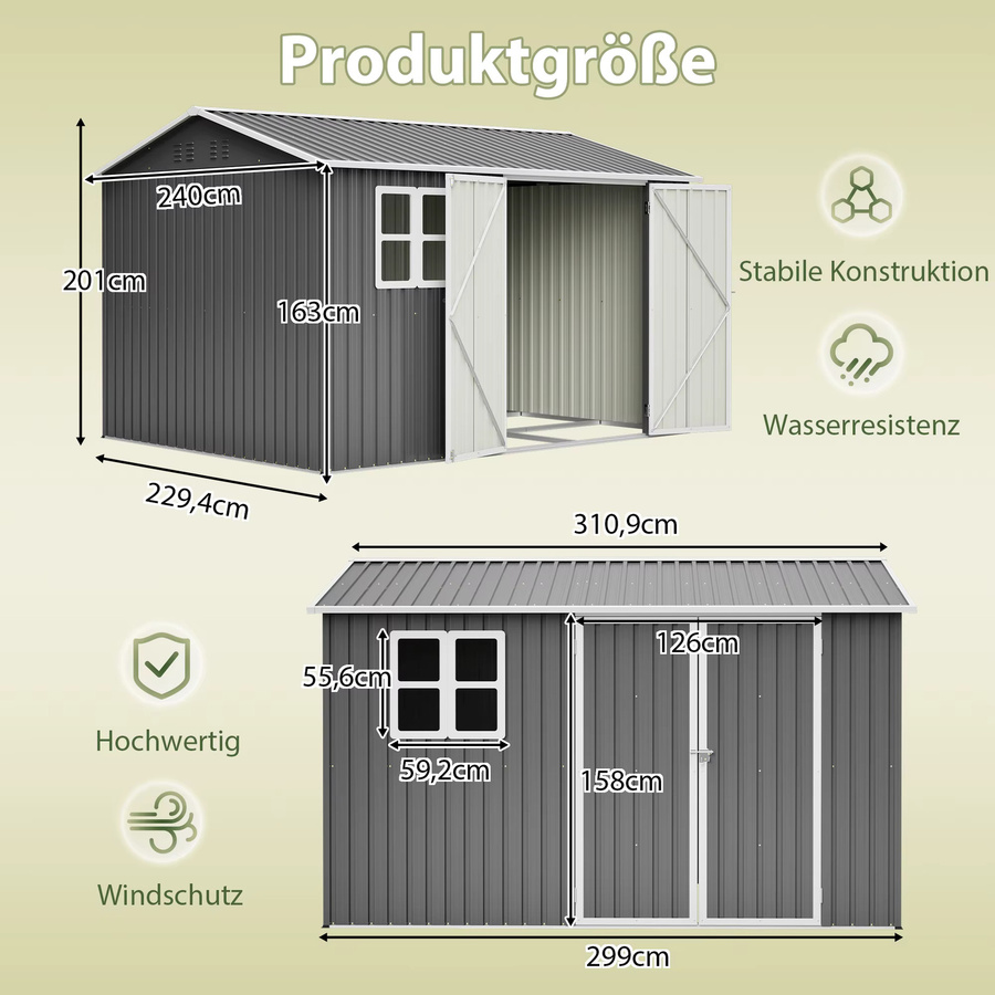 GIHAUVIA Outdoor-Gartenschuppen aus Stahl in Grau mit Fenster und abschließbaren Doppeltüren, wetterbeständiges Werkzeughaus mit Metallbodengestell, B/T/H: 311 x 230 x 201 cm - Bild 2