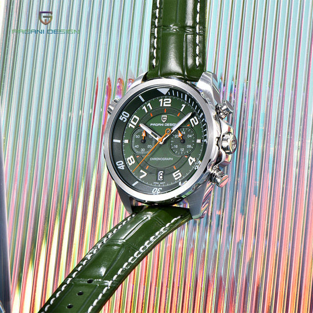 PAGANI DESIGN Chronograph, Quarz, Edelstahl, Grün, Leder, 44 mm, Herren - Bild 1