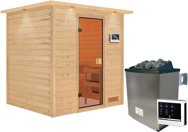 Karibu Sauna Adelina aus Fichtenmassivholz mit Kranz Set, naturbelassen, inklusive 9 kW Ofen und integrierter Steuerung, Farbe: Braun - Bild 1