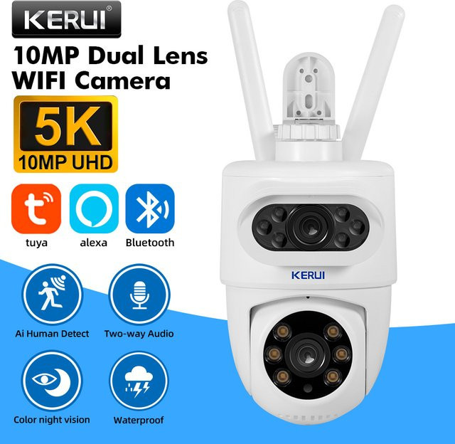 KERUI Outdoor WLAN IP-Kamera mit 5K 10MP HD Dual-Linsen, PTZ Tuya Smart CCTV Videoüberwachung mit Auto-Tracking, Weiß - Bild 1
