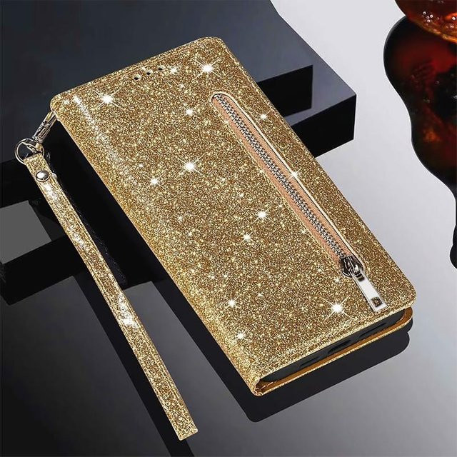 Glitzernde iPhone Hülle mit Reißverschluss und Geldbörse Funktion in Gold für Apple iPhone 15, 14, 13, 12, 11 und Pro Max Modelle mit Rundumschutz - Bild 1