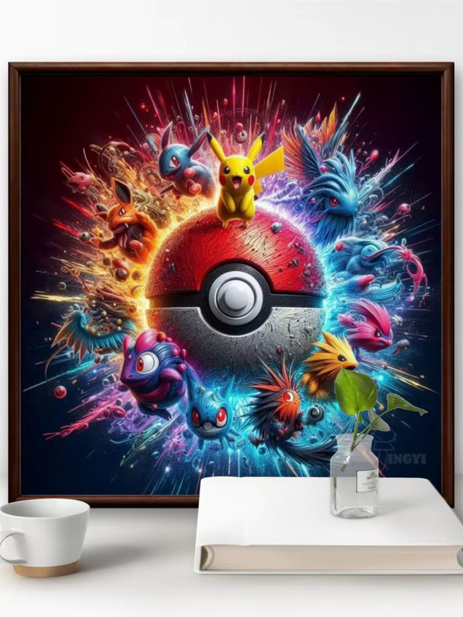 Potdemiel Pokemon Pikachu 5D DIY Diamantmalerei Mosaik Set, Runde Stickerei in Multicolour, Durchmesser: 30 cm - Bild 3