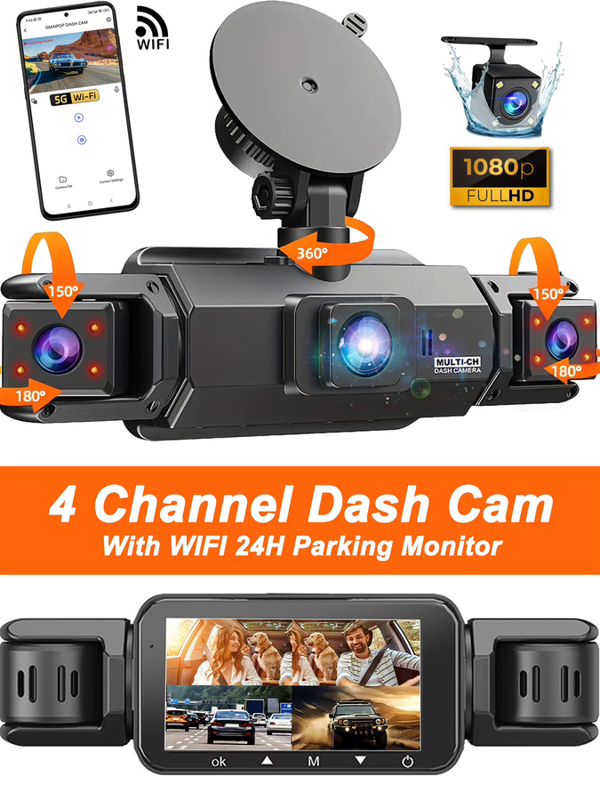 Etymoofox WiFi 4-Objektiv Dashcam mit 1080P Full HD, 4-Wege-Aufnahme, Nachtsicht und 24H Parkmodus in Schwarz - Bild 7