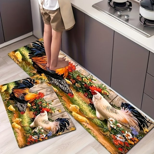 VIKAMA Huhn Küchenteppich mit Tiermotiv, waschbarer Bodenmatte aus Polyester, Mehrfarbig, B/T: 60 x 40 cm - Bild 1