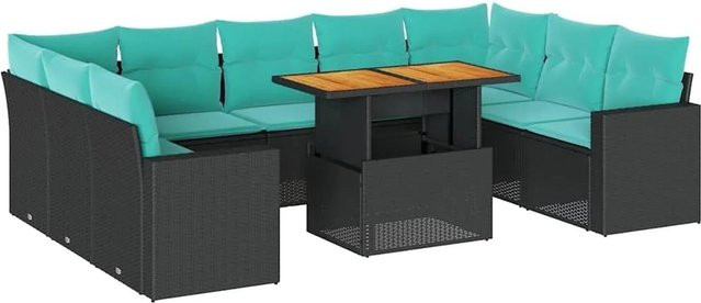 vidaXL 10-teilige Garten-Sofagarnitur aus Poly-Rattan und Akazienholz in Schwarz mit blauen Kissen - Bild 1