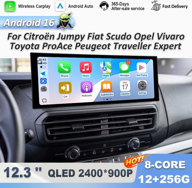 KJ-NAVI Android 16 Auto-Videoplayer mit GPS, 4G und Bluetooth in Schwarz für Citroën Jumpy, Fiat Scudo, Opel Vivaro, Toyota ProAce, Peugeot Traveller und Expert - Bild 1