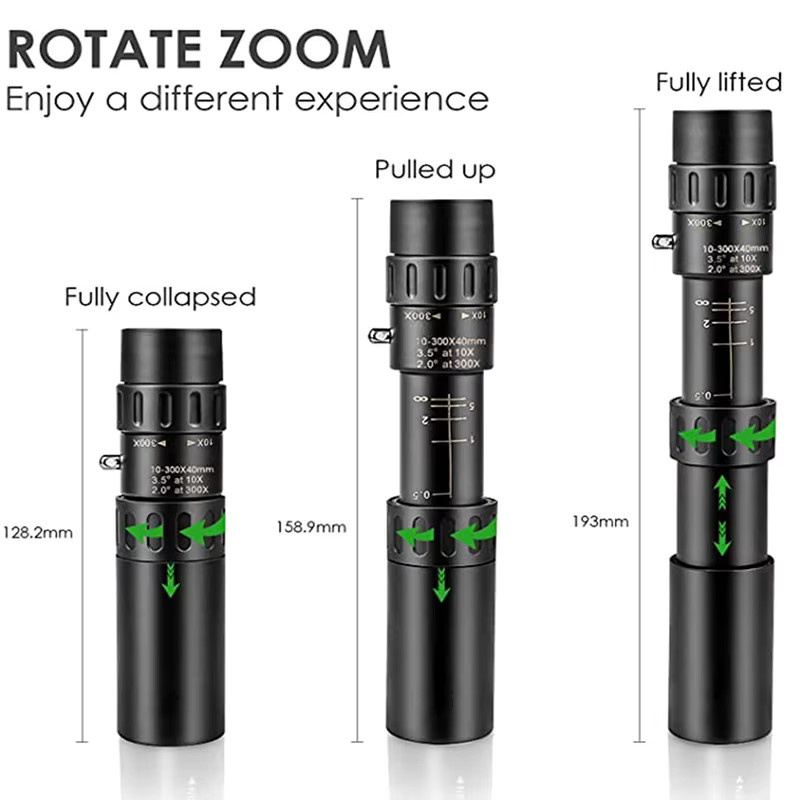 Professionelles Monokular mit 10-300x40 Zoom und HD 4K Auflösung, BAK4-Prismen für Jagd und Camping, Schwarz - Bild 5