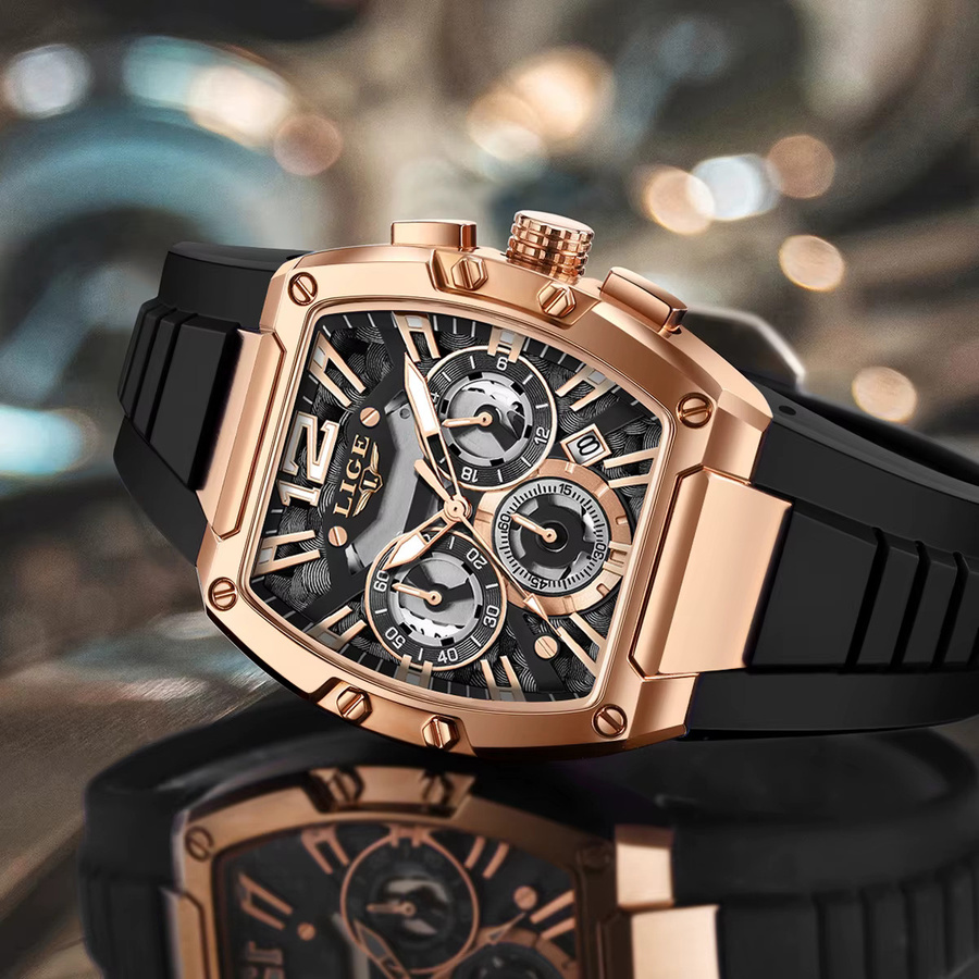 LIGE Armbanduhr Quarz, Silikon, Schwarz, Roségold, Herren - Bild 2