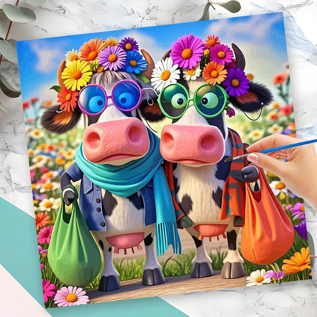 Momoart Malen nach Zahlen Set Kuh Motiv mit Blumendekoration als DIY Ölgemälde in Multicolour - Bild 1