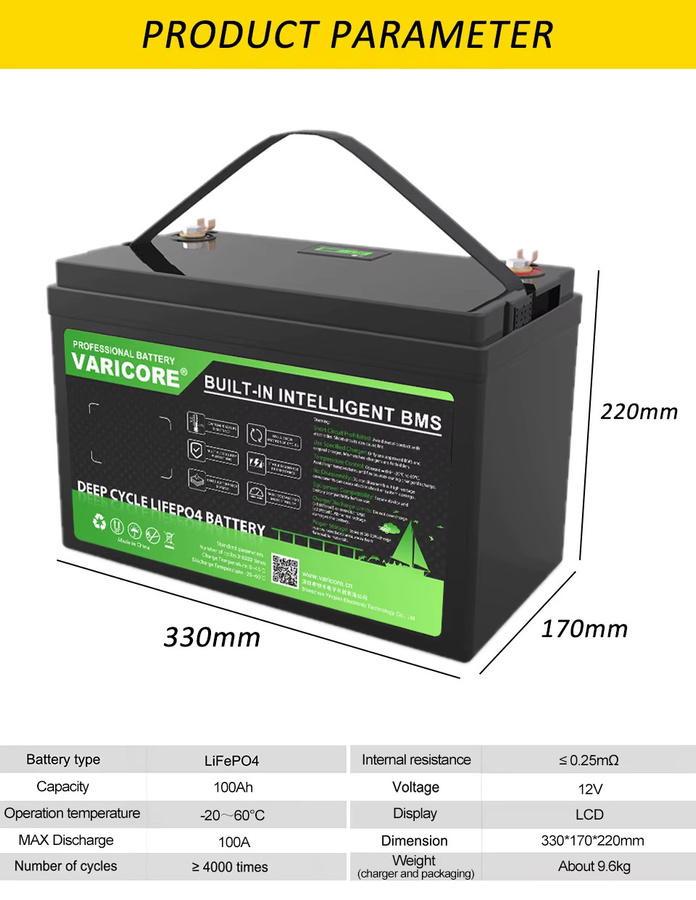 VariCore 12V 100Ah LiFePO4 Lithium-Eisenphosphat-Batterie mit BMS in Schwarz für Wohnmobile, Camper, Solaranlagen und Boote - Bild 3