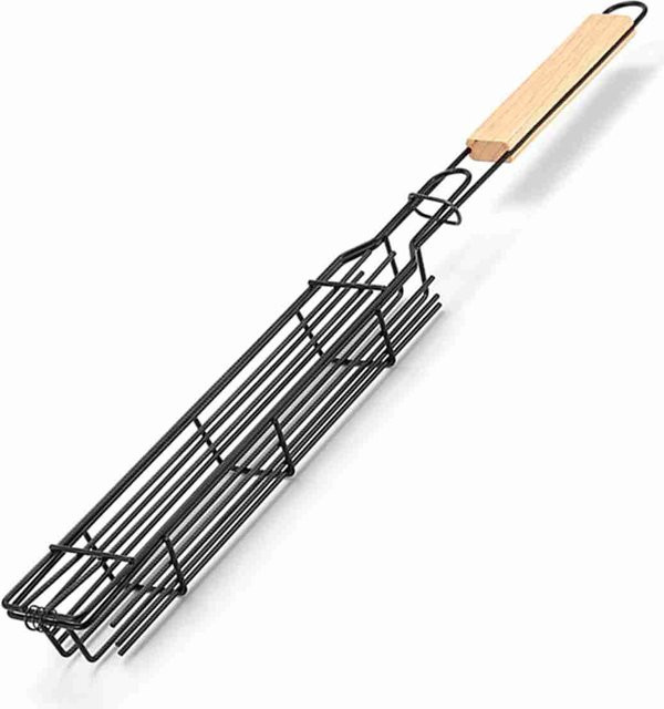 Tragbarer Camping BBQ Grillkorb für Holzkohlegrills mit Holzgriff in Schwarz - Bild 1