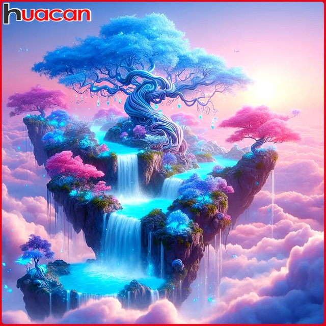 Huacan Diamantmalerei Landschaft mit Baum und Wasserfall, Mosaik-Kunstwerk in Mehrfarben, Rundbohrer - Bild 1