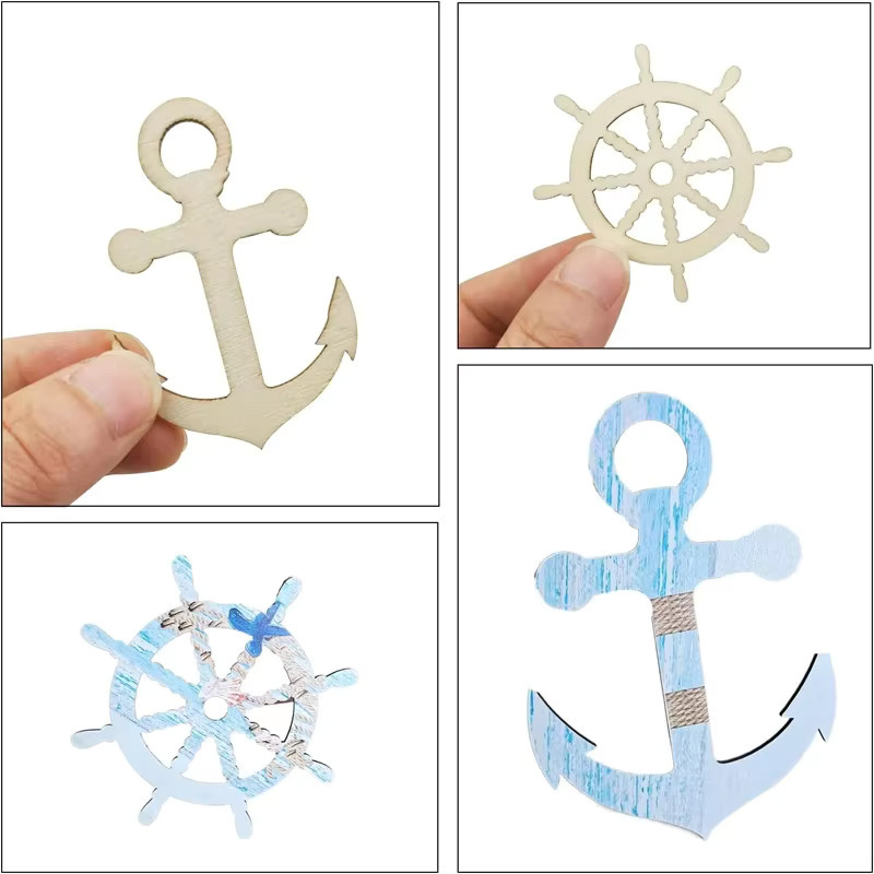 10 Stück Holz-Anker und Ruder als DIY-Bastelmaterial für maritime Ornamente in Beige - Bild 1