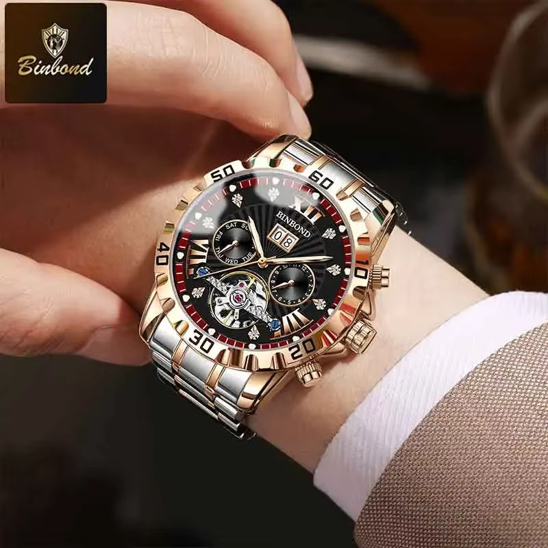 BINBOND Armbanduhr Automatik, Tourbillon Skeleton, Edelstahl, Silber, Herren - Bild 3