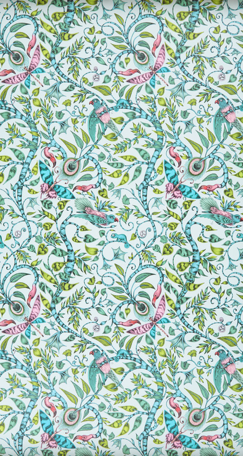 Clarke & Clarke Tapete Rousseau Eggshell in Grün Multicolour mit botanischem Animal- und Floral-Design im Art Nouveau Stil als Vlies-Tapete - Bild 1