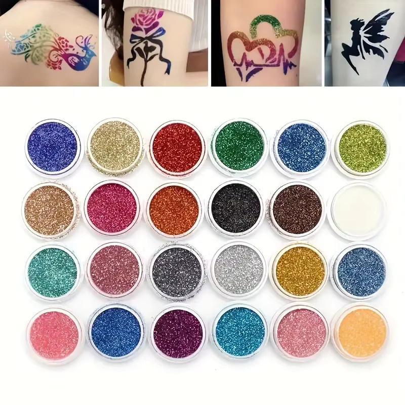 Veronni Temporäres Glitzer-Tattoo-Set, 24 Farben, 2 Kleberflaschen, 3 Schablonenblätter - Bild 3