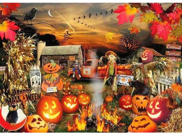 FIYO Diamant-Stickerei Kürbis Halloween-Dekoration mit runden Steinen, beige, B x H: 30 x 20 cm