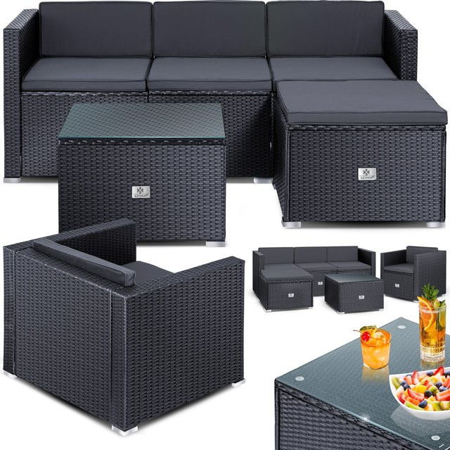 KESSER Polyrattan Lounge Aruba Gartenmöbel-Set in Anthrazit mit Sitzkissen, bestehend aus 3er Sofa, Sessel, Hocker und Beistelltisch mit pulverbeschichtetem Stahlrahmen - Bild 1