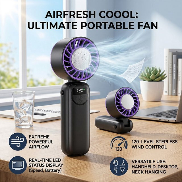 LIPETY Eisgekühlter Mini-Handventilator in Schwarz mit 120-Gang-Turbo-Funktion, stufenloser Einstellung, LED-Anzeige und USB-Wiederaufladung - Bild 1