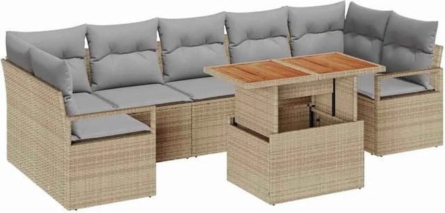 vidaXL Garten-Sofa-Set 8-teilig in Beige und Grau mit Kissen und Gartentisch aus Poly-Rattan und Stahl - Bild 1