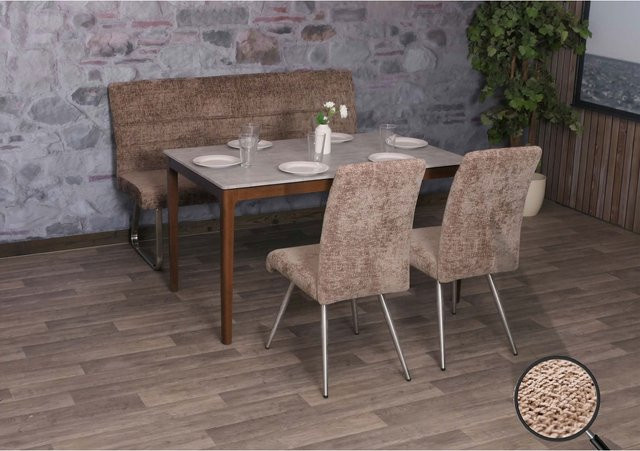 Esszimmer-Set MCW-G55 mit 2 Stühlen und einer Sitzbank in Braun aus Chenille-Stoff und gebürstetem Edelstahl, Breite der Sitzbank: 160 cm - Bild 1